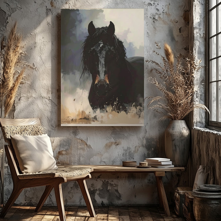 Shadowborn Majesty Canvas – Gothic Black Horse in Mist - Gifitto