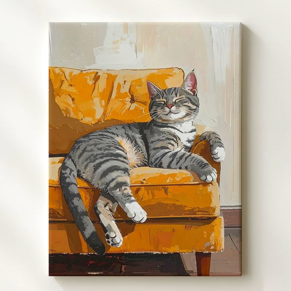 Lazy Tabby on Yellow Couch Canvas – Cozy Cartoon Cat Wall Art - Gifitto