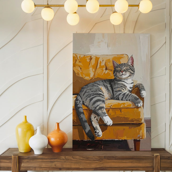 Lazy Tabby on Yellow Couch Canvas – Cozy Cartoon Cat Wall Art - Gifitto