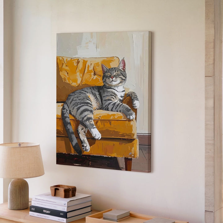 Lazy Tabby on Yellow Couch Canvas – Cozy Cartoon Cat Wall Art - Gifitto