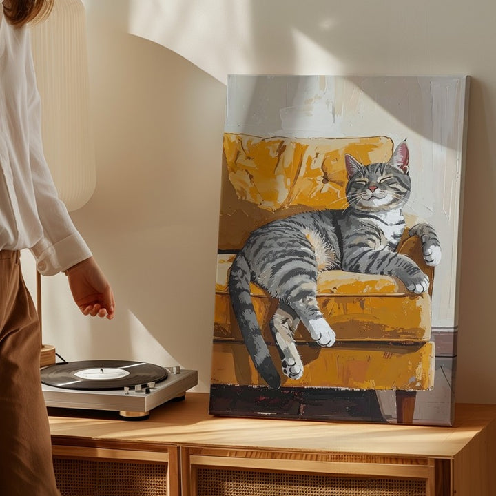 Lazy Tabby on Yellow Couch Canvas – Cozy Cartoon Cat Wall Art - Gifitto