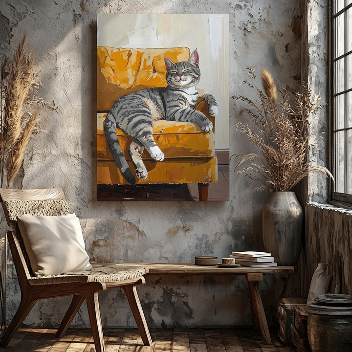 Lazy Tabby on Yellow Couch Canvas – Cozy Cartoon Cat Wall Art - Gifitto