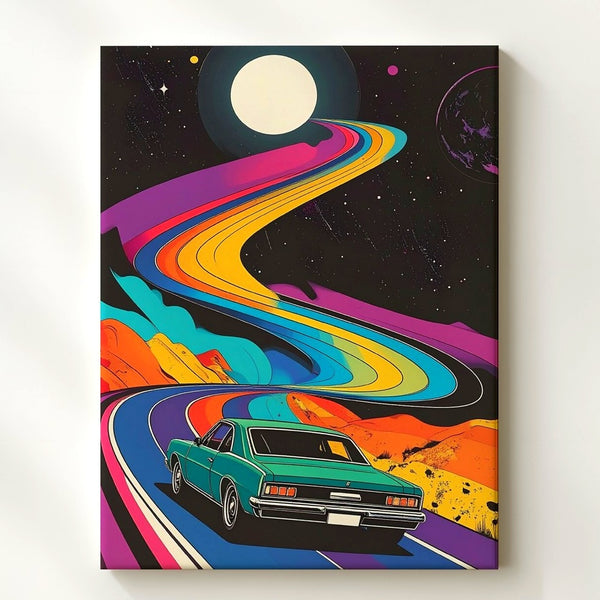 Cosmic Cruise Canvas – Retro Car on Psychedelic Space Road - Gifitto