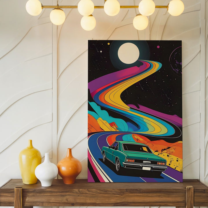 Cosmic Cruise Canvas – Retro Car on Psychedelic Space Road - Gifitto