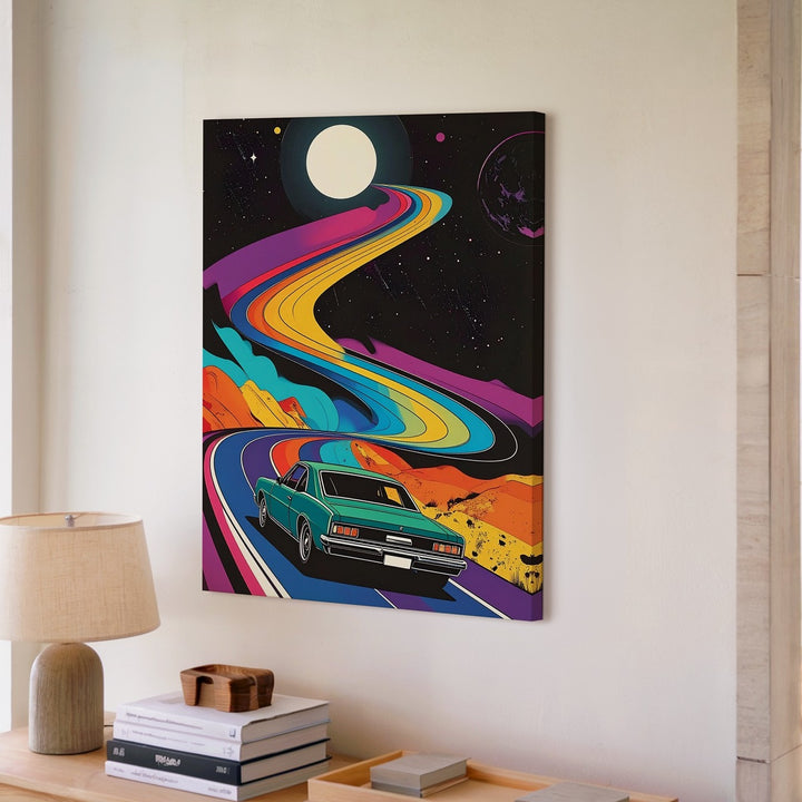 Cosmic Cruise Canvas – Retro Car on Psychedelic Space Road - Gifitto