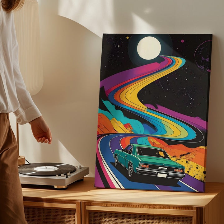 Cosmic Cruise Canvas – Retro Car on Psychedelic Space Road - Gifitto