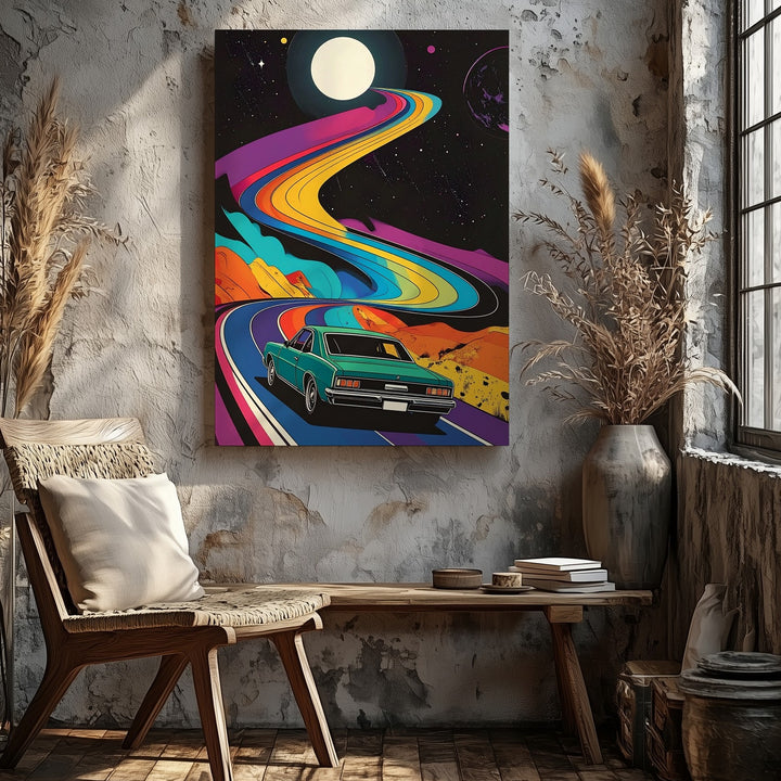Cosmic Cruise Canvas – Retro Car on Psychedelic Space Road - Gifitto