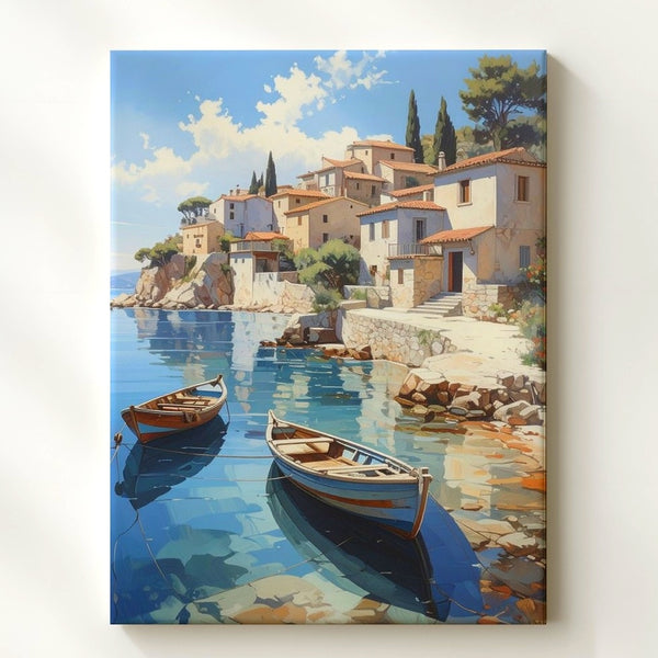 Mediterranean Coastal Village Canvas – Pastel Seaside Serenity Wall Art - Gifitto