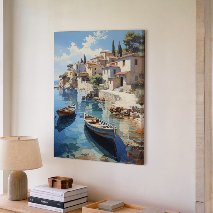 Mediterranean Coastal Village Canvas – Pastel Seaside Serenity Wall Art - Gifitto
