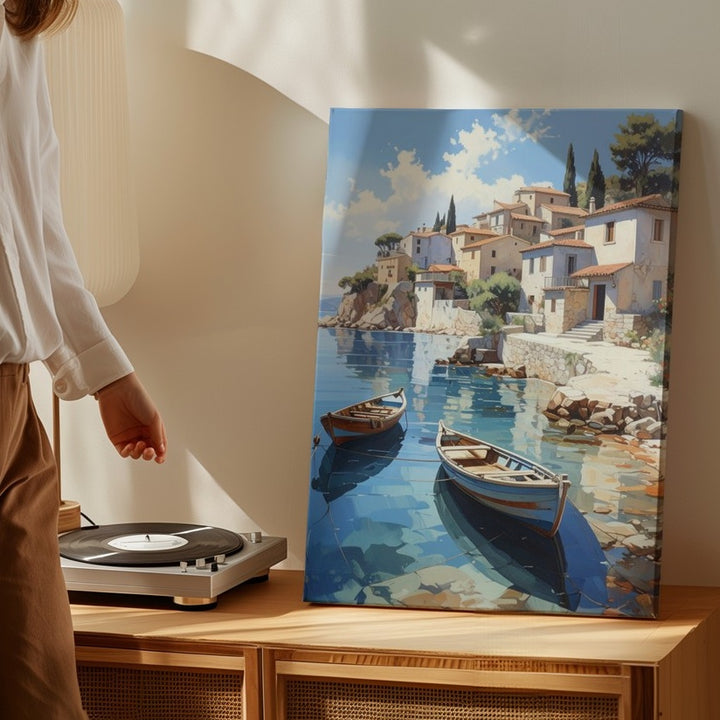Mediterranean Coastal Village Canvas – Pastel Seaside Serenity Wall Art - Gifitto