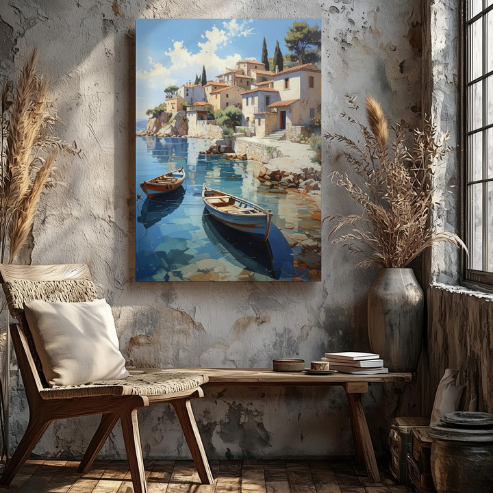 Mediterranean Coastal Village Canvas – Pastel Seaside Serenity Wall Art - Gifitto