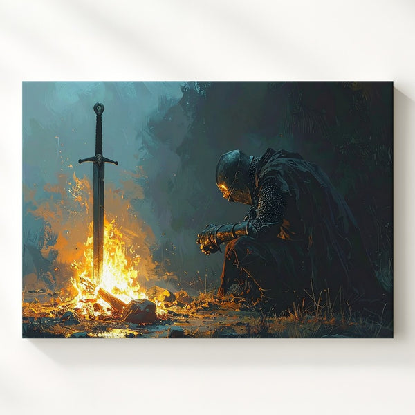 Sacred Sword of Sacrifice Canvas – Dark Fantasy Knight Reverence Wall Art - Gifitto