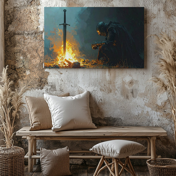Sacred Sword of Sacrifice Canvas – Dark Fantasy Knight Reverence Wall Art - Gifitto