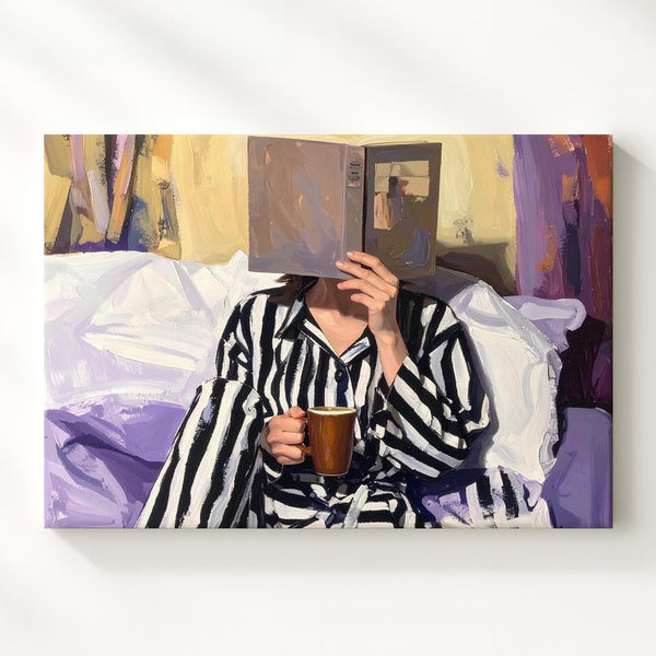Quiet Moments Canvas – Woman Reading with Coffee in Striped Outfit - Gifitto