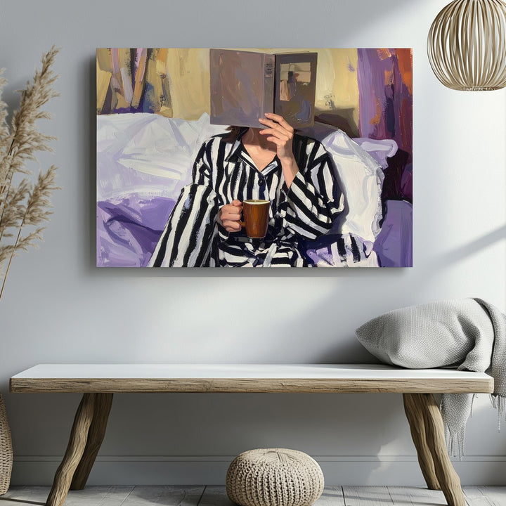 Quiet Moments Canvas – Woman Reading with Coffee in Striped Outfit - Gifitto