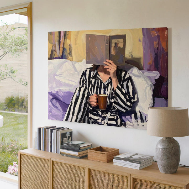 Quiet Moments Canvas – Woman Reading with Coffee in Striped Outfit - Gifitto