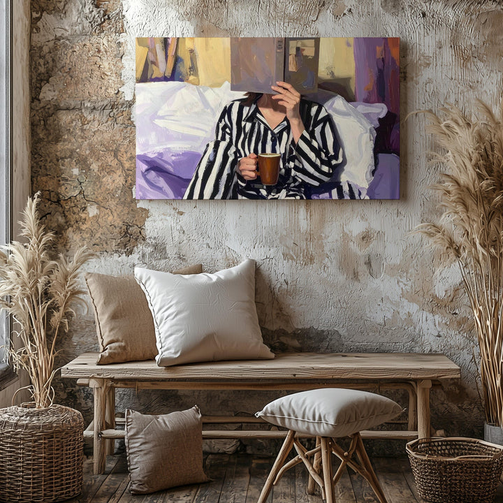 Quiet Moments Canvas – Woman Reading with Coffee in Striped Outfit - Gifitto