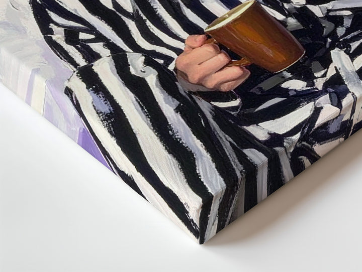 Quiet Moments Canvas – Woman Reading with Coffee in Striped Outfit - Gifitto