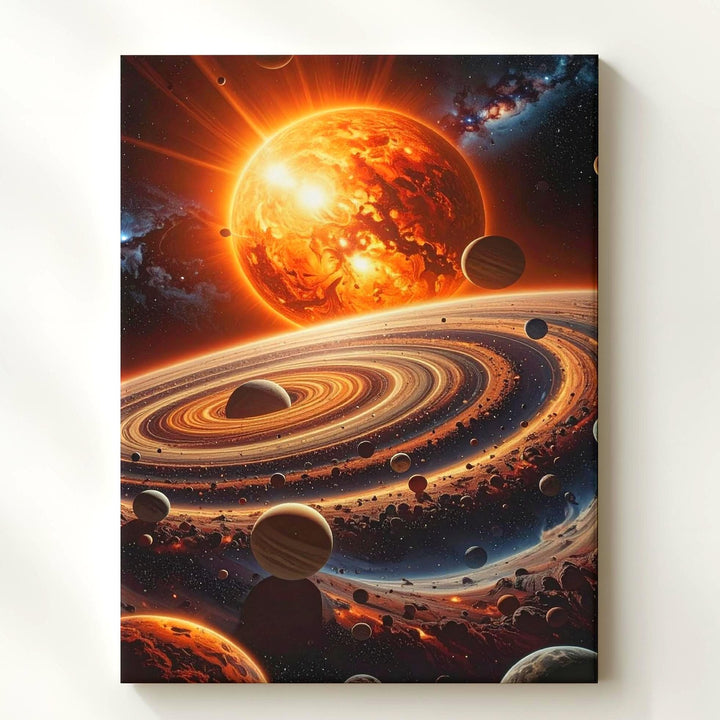 Cosmic System Canvas – Planetary Orbits & Fiery Sun in Vast Universe - Gifitto