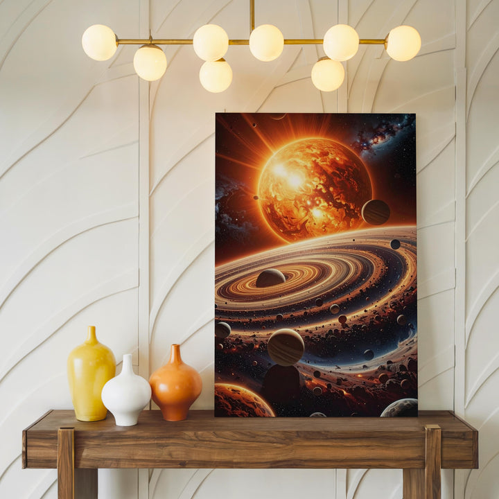 Cosmic System Canvas – Planetary Orbits & Fiery Sun in Vast Universe - Gifitto