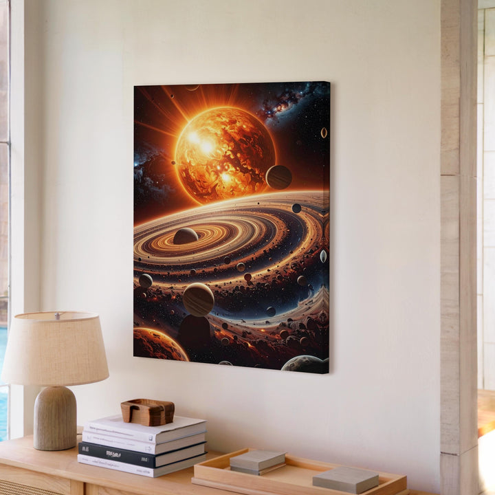 Cosmic System Canvas – Planetary Orbits & Fiery Sun in Vast Universe - Gifitto