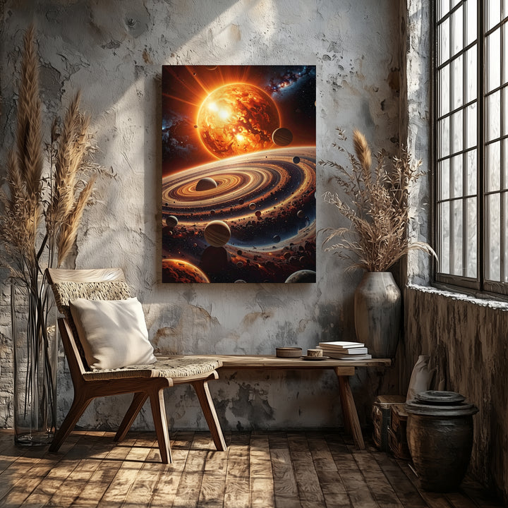 Cosmic System Canvas – Planetary Orbits & Fiery Sun in Vast Universe - Gifitto
