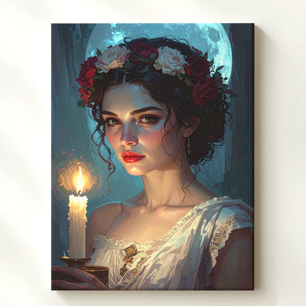 Ethereal Flame Canvas – Mystical Woman with Floral Crown and Candlelight - Gifitto