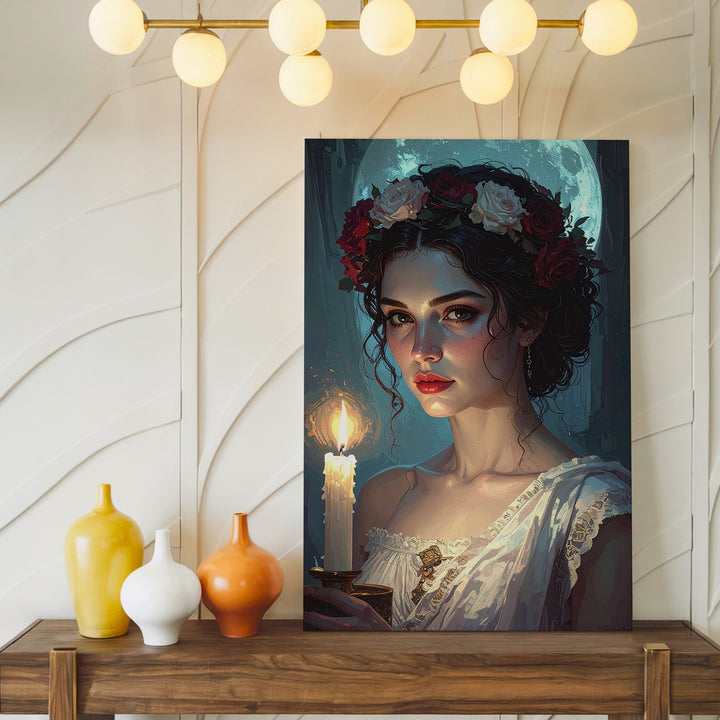 Ethereal Flame Canvas – Mystical Woman with Floral Crown and Candlelight - Gifitto