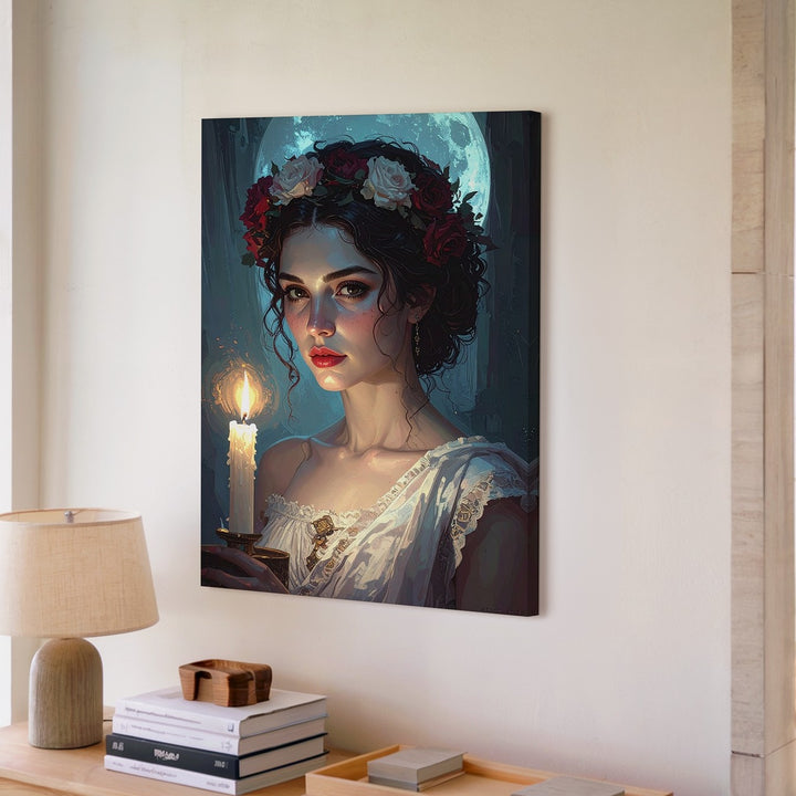 Ethereal Flame Canvas – Mystical Woman with Floral Crown and Candlelight - Gifitto