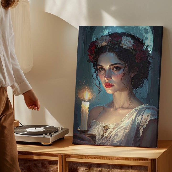 Ethereal Flame Canvas – Mystical Woman with Floral Crown and Candlelight - Gifitto