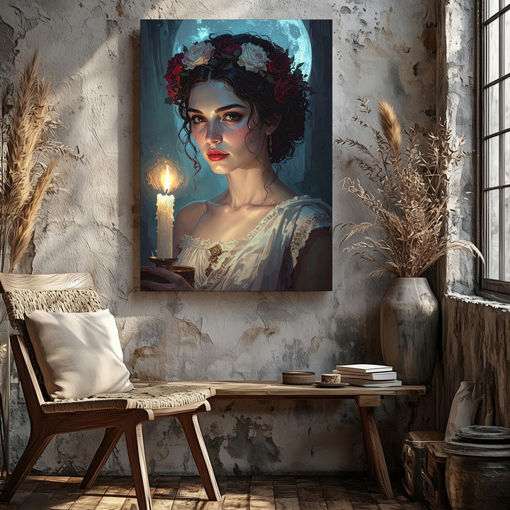Ethereal Flame Canvas – Mystical Woman with Floral Crown and Candlelight - Gifitto