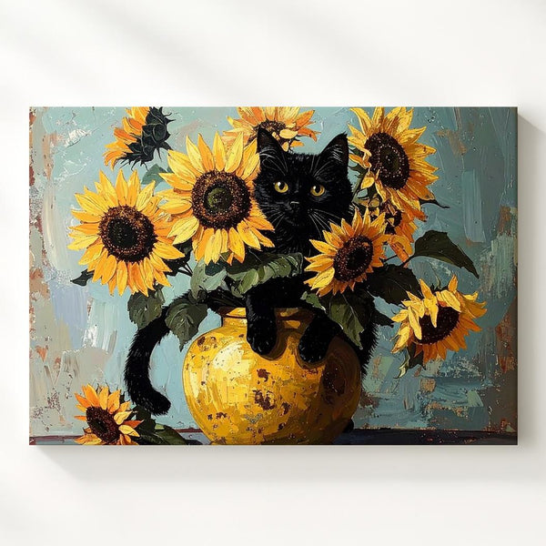 Whimsical Van Gogh Sunflowers Canvas – Playful Cat and Floral Art - Gifitto