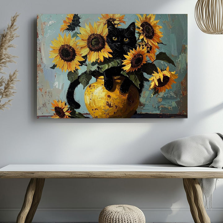 Whimsical Van Gogh Sunflowers Canvas – Playful Cat and Floral Art - Gifitto