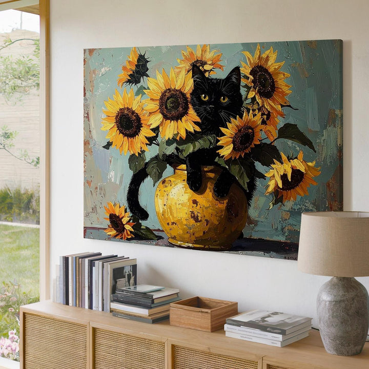 Whimsical Van Gogh Sunflowers Canvas – Playful Cat and Floral Art - Gifitto