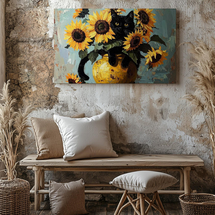 Whimsical Van Gogh Sunflowers Canvas – Playful Cat and Floral Art - Gifitto