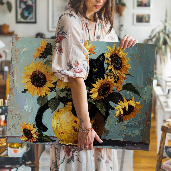 Whimsical Van Gogh Sunflowers Canvas – Playful Cat and Floral Art - Gifitto