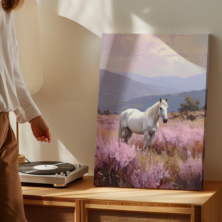 Pastel Meadow Horse Canvas – Dreamy White Horse in Soft Landscape - Gifitto