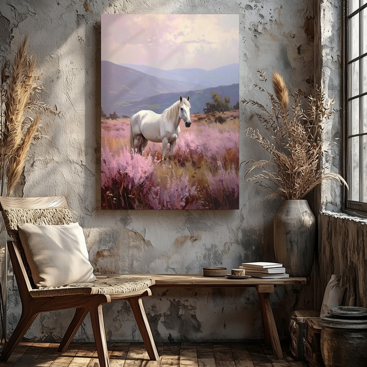 Pastel Meadow Horse Canvas – Dreamy White Horse in Soft Landscape - Gifitto