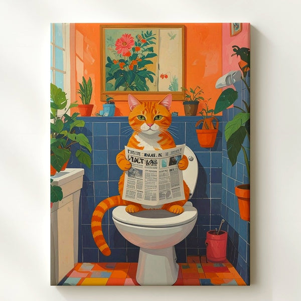 Cat on Toilet with Newspaper Canvas – Whimsical Bathroom Humor Art - Gifitto