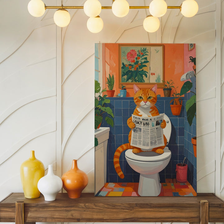 Cat on Toilet with Newspaper Canvas – Whimsical Bathroom Humor Art - Gifitto