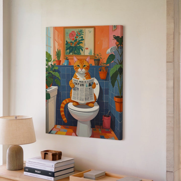 Cat on Toilet with Newspaper Canvas – Whimsical Bathroom Humor Art - Gifitto