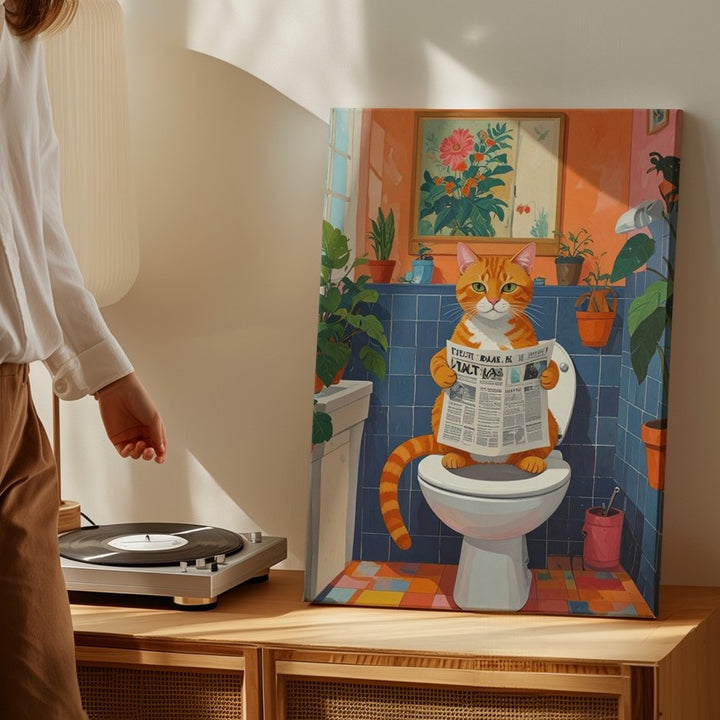 Cat on Toilet with Newspaper Canvas – Whimsical Bathroom Humor Art - Gifitto