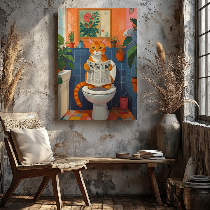 Cat on Toilet with Newspaper Canvas – Whimsical Bathroom Humor Art - Gifitto