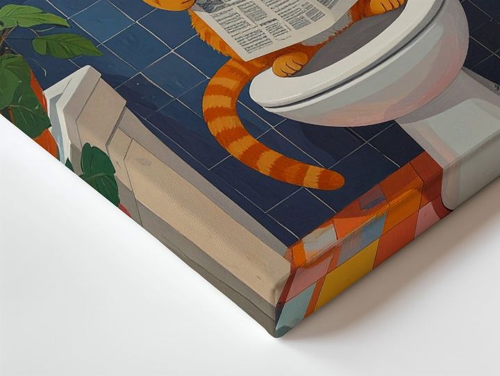 Cat on Toilet with Newspaper Canvas – Whimsical Bathroom Humor Art - Gifitto