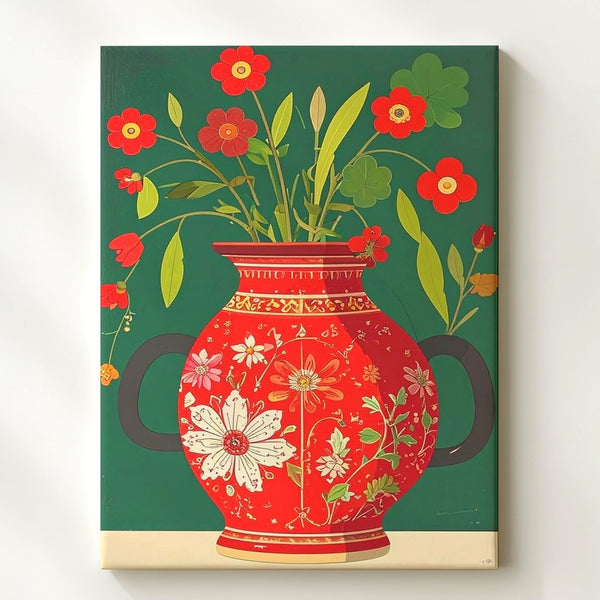 Ornate Red Vase with Flowers Canvas – Folk-Art Inspired Decorative Art - Gifitto
