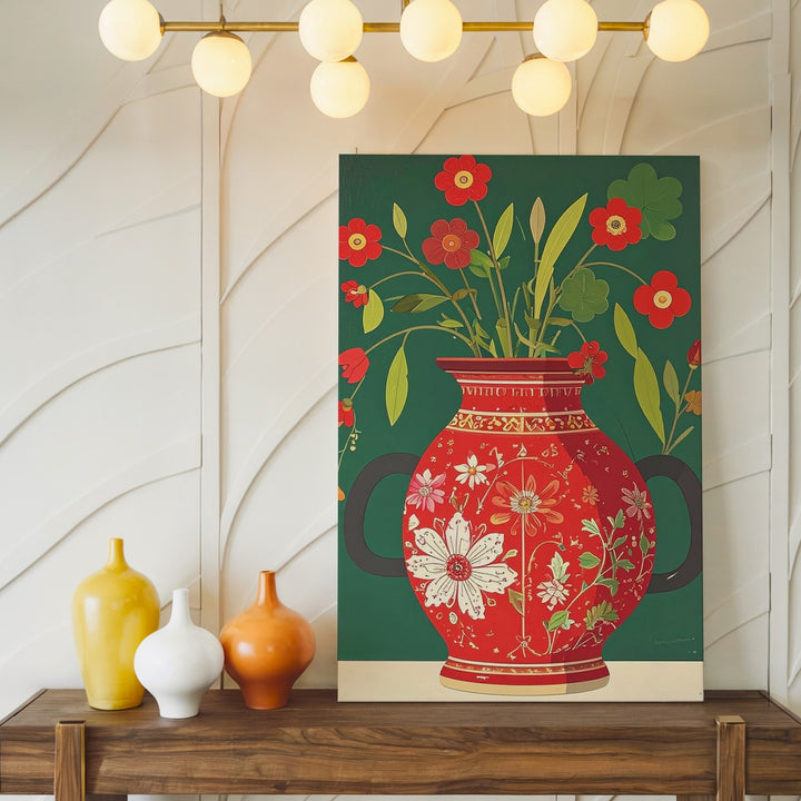 Ornate Red Vase with Flowers Canvas – Folk-Art Inspired Decorative Art - Gifitto