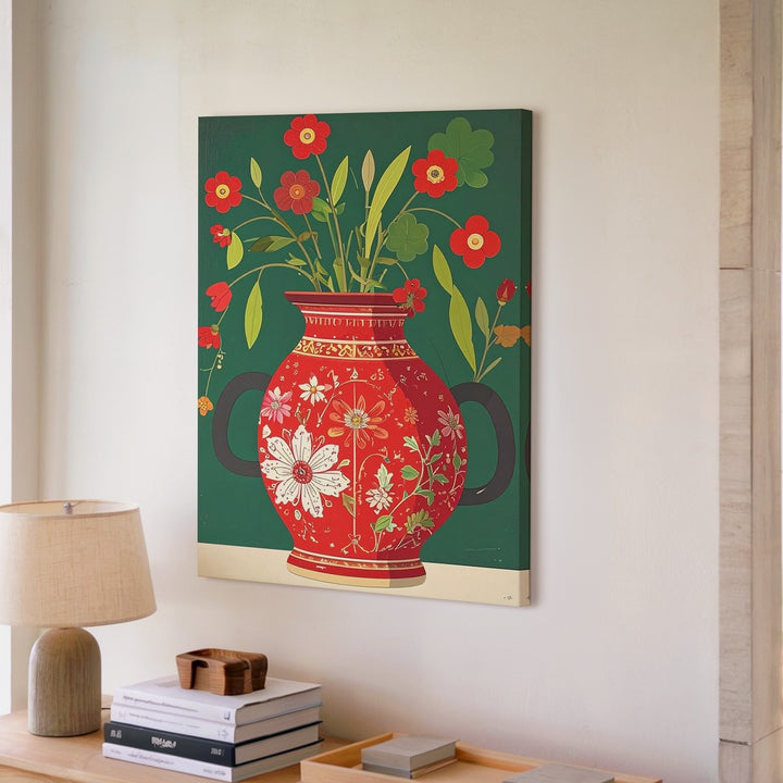 Ornate Red Vase with Flowers Canvas – Folk-Art Inspired Decorative Art - Gifitto