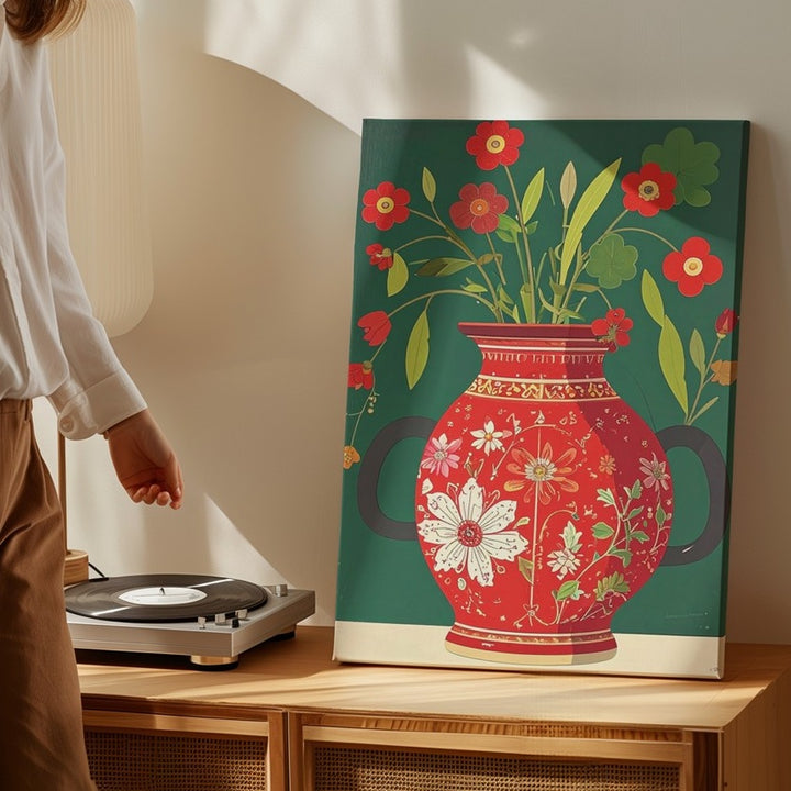 Ornate Red Vase with Flowers Canvas – Folk-Art Inspired Decorative Art - Gifitto
