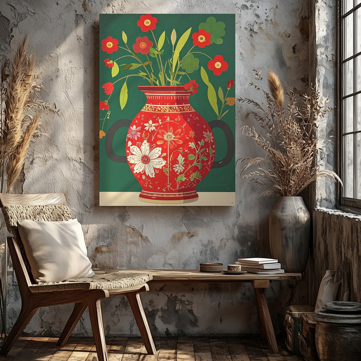 Ornate Red Vase with Flowers Canvas – Folk-Art Inspired Decorative Art - Gifitto