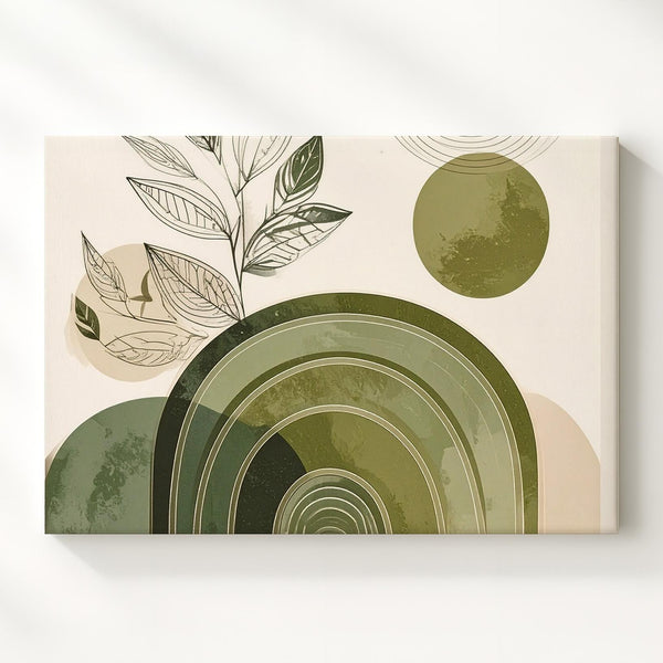 Modern Botanical Arch Canvas – Olive Green Lines & Minimal Leaf Drawing - Gifitto